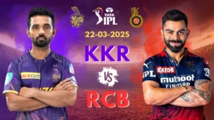 KKR vs RCB in 2025 IPL match poster featuring Ajinkya Rahane and Virat Kohli ahead of their face-off on March 22.