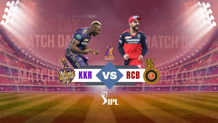 KKR vs RCB in 2025 IPL match face-off featuring Andre Russell and Virat Kohli at a packed stadium under floodlights.
