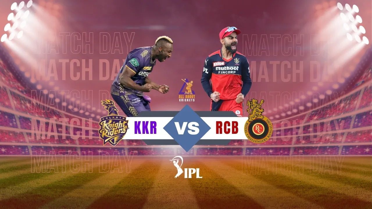 KKR vs RCB in 2025 IPL match face-off featuring Andre Russell and Virat Kohli at a packed stadium under floodlights.
