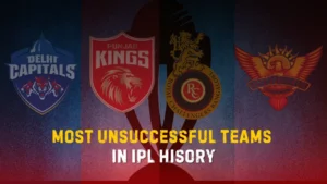 A graphic showcasing the most unsuccessful teams in IPL history, featuring the logos of Delhi Capitals, Punjab Kings, Royal Challengers Bangalore, and Sunrisers Hyderabad.