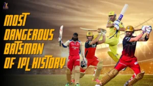 A graphic featuring the most dangerous batsmen in IPL history, including Chris Gayle, AB de Villiers, MS Dhoni, and Virat Kohli, with a dramatic stadium backdrop.